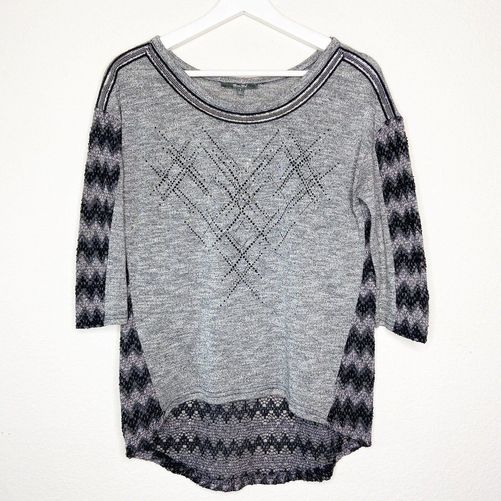 Miss Me Gray Rhinestone Embellished Sequin Beaded Trim Mixed Knit Sweater Sz S